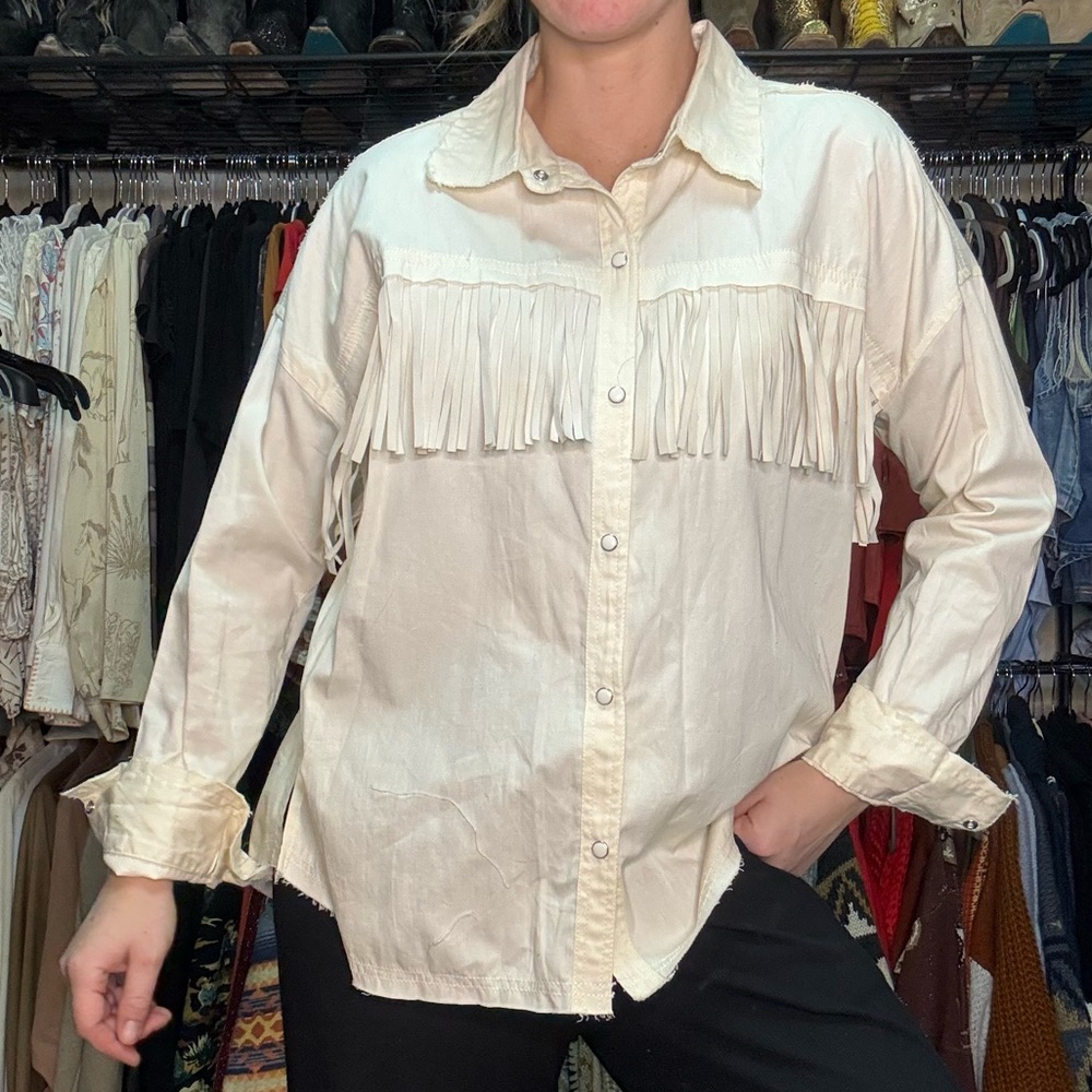 Fringe Detail Cream Button-Up Shirt